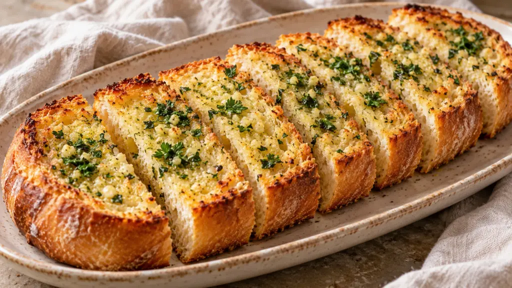 Garlic bread slices with golden edges and parsley butter on a platter