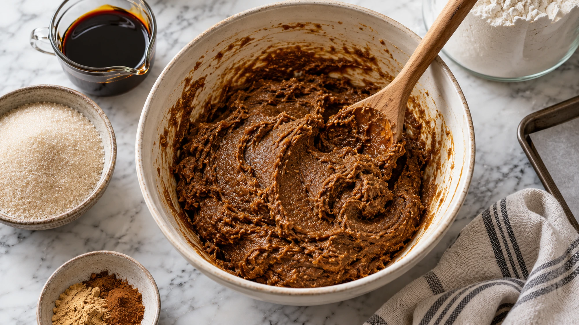 Brown dough for ginger molasses cookies beside molasses and sugar