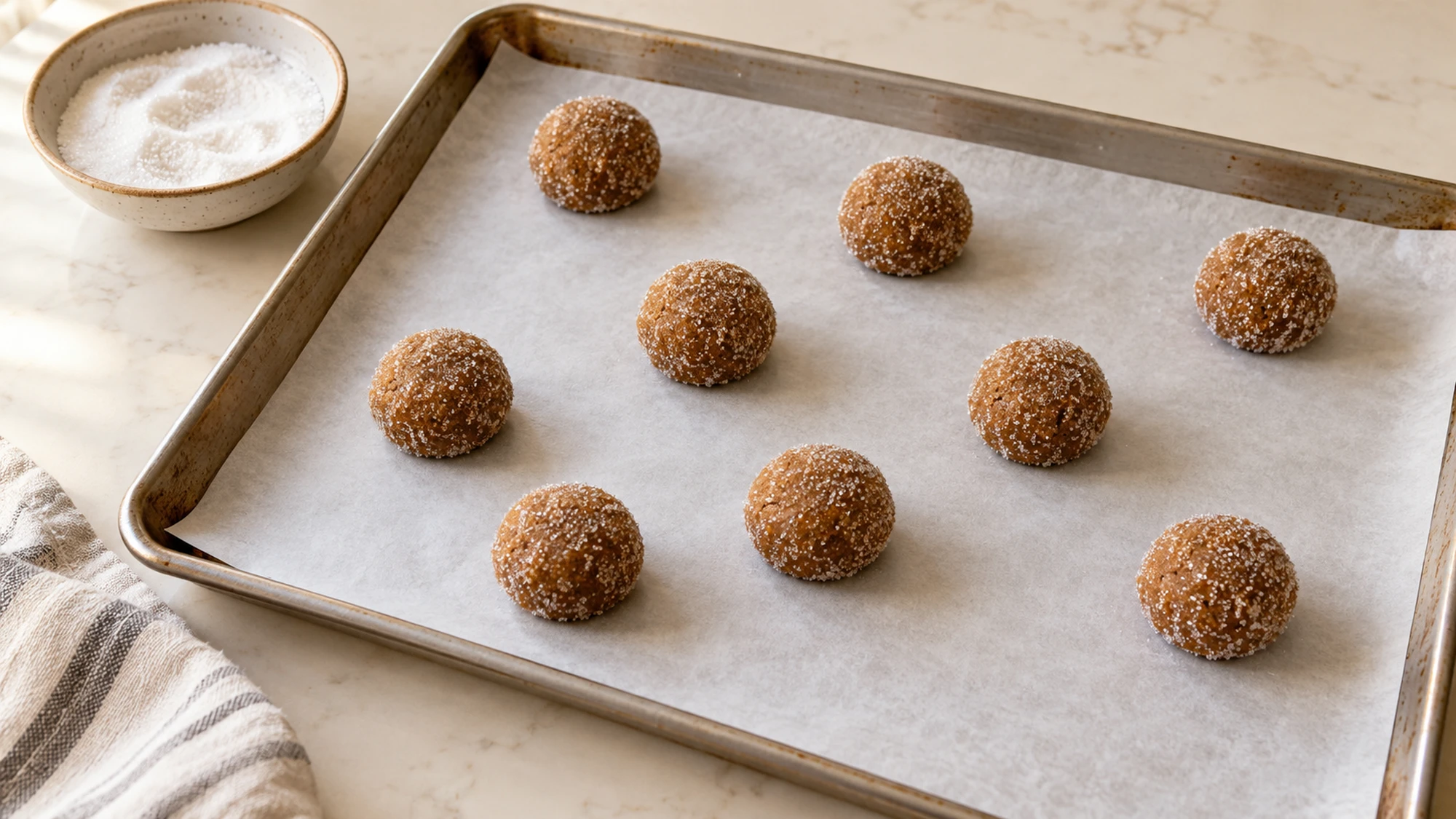 Sugar-coated dough balls for ginger molasses cookies on a baking sheet