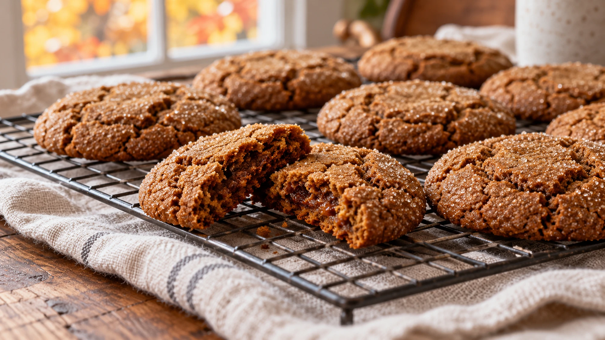 Ginger molasses cookies cooling with a broken cookie showing the soft center