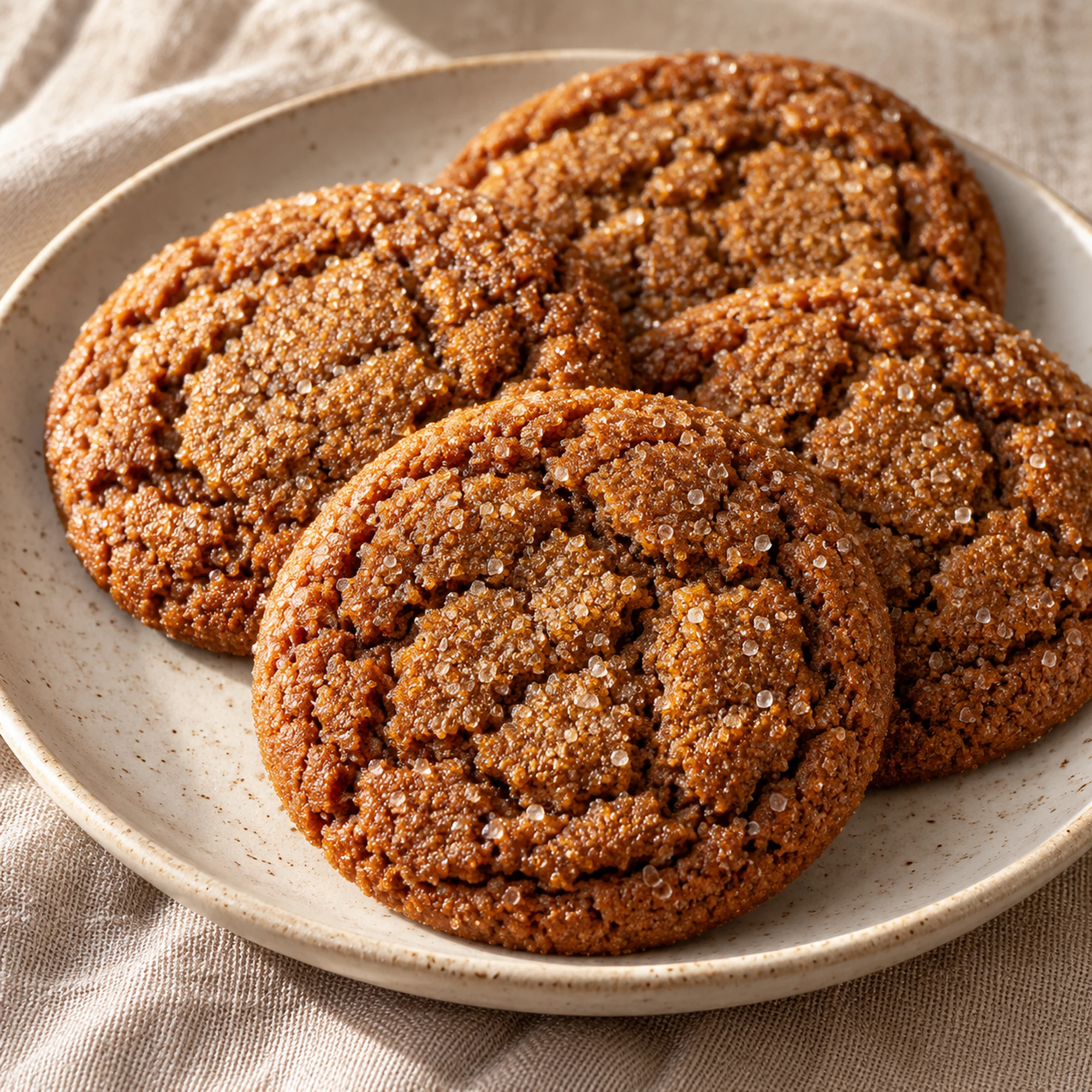 Ginger molasses cookies overlapping on a small pale plate