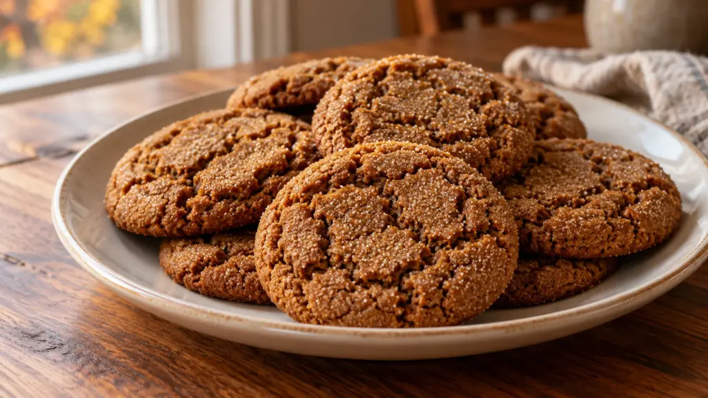 Ginger molasses cookies with crinkled sugar tops on an ivory plate