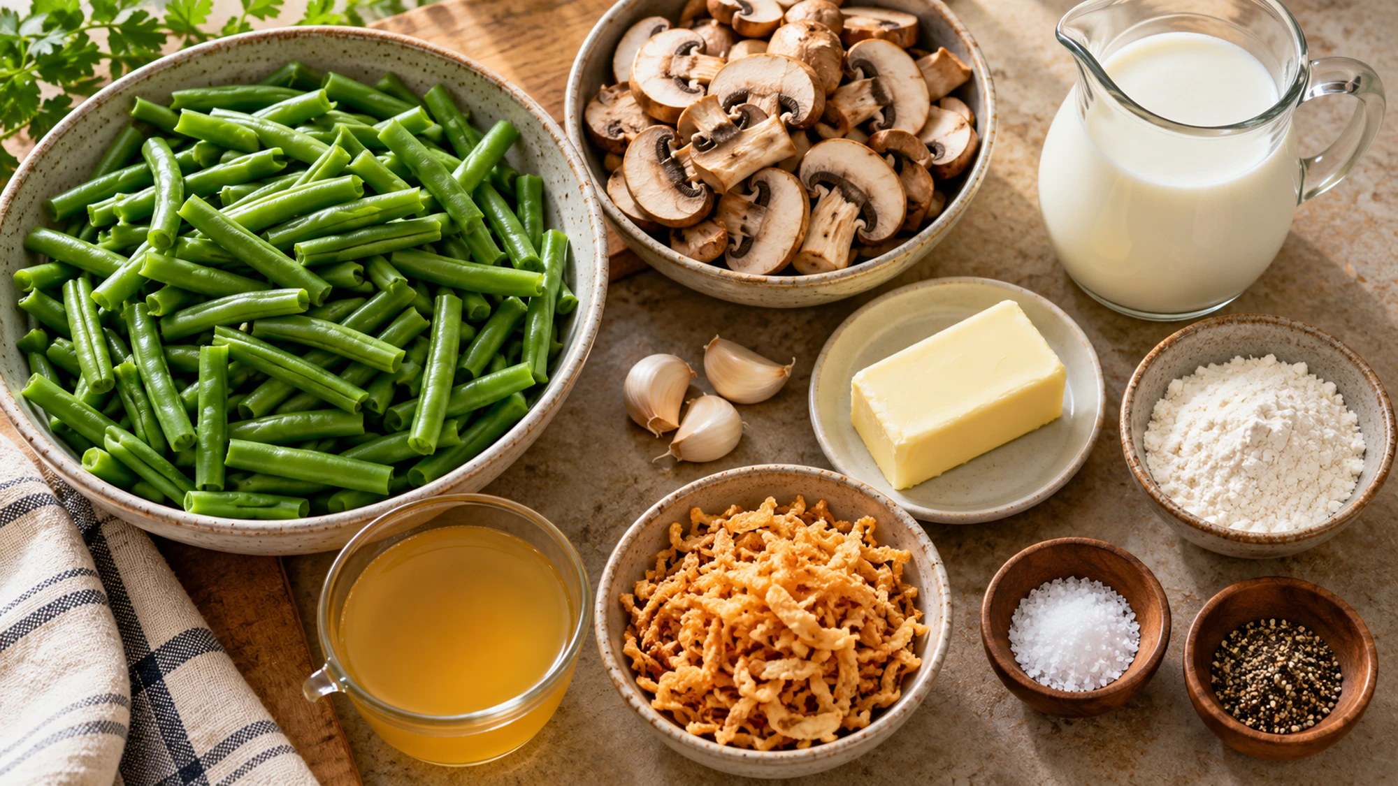 Fresh beans mushrooms milk and other ingredients for green bean casserole