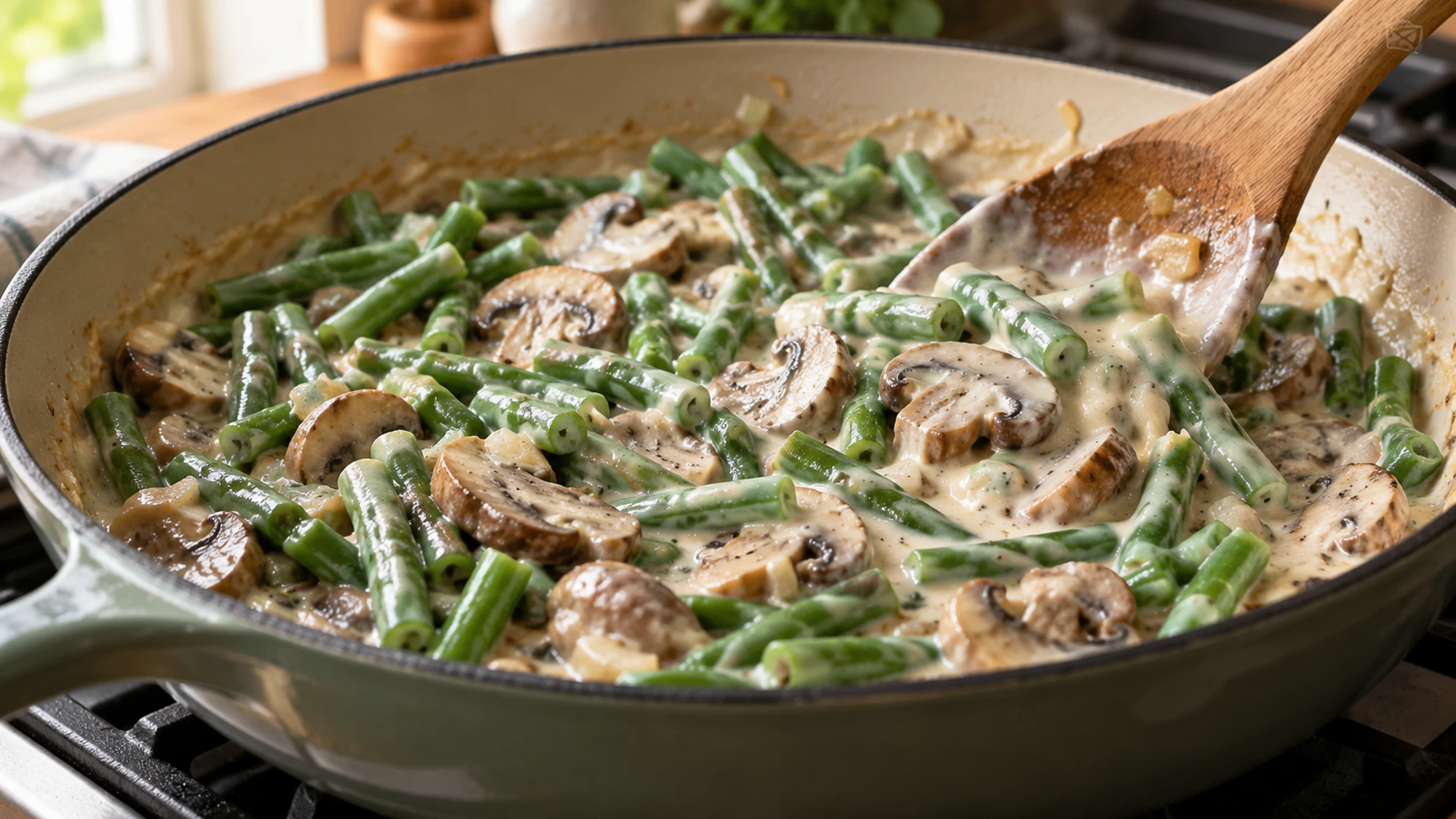 Folding green beans and mushrooms into sauce for green bean casserole