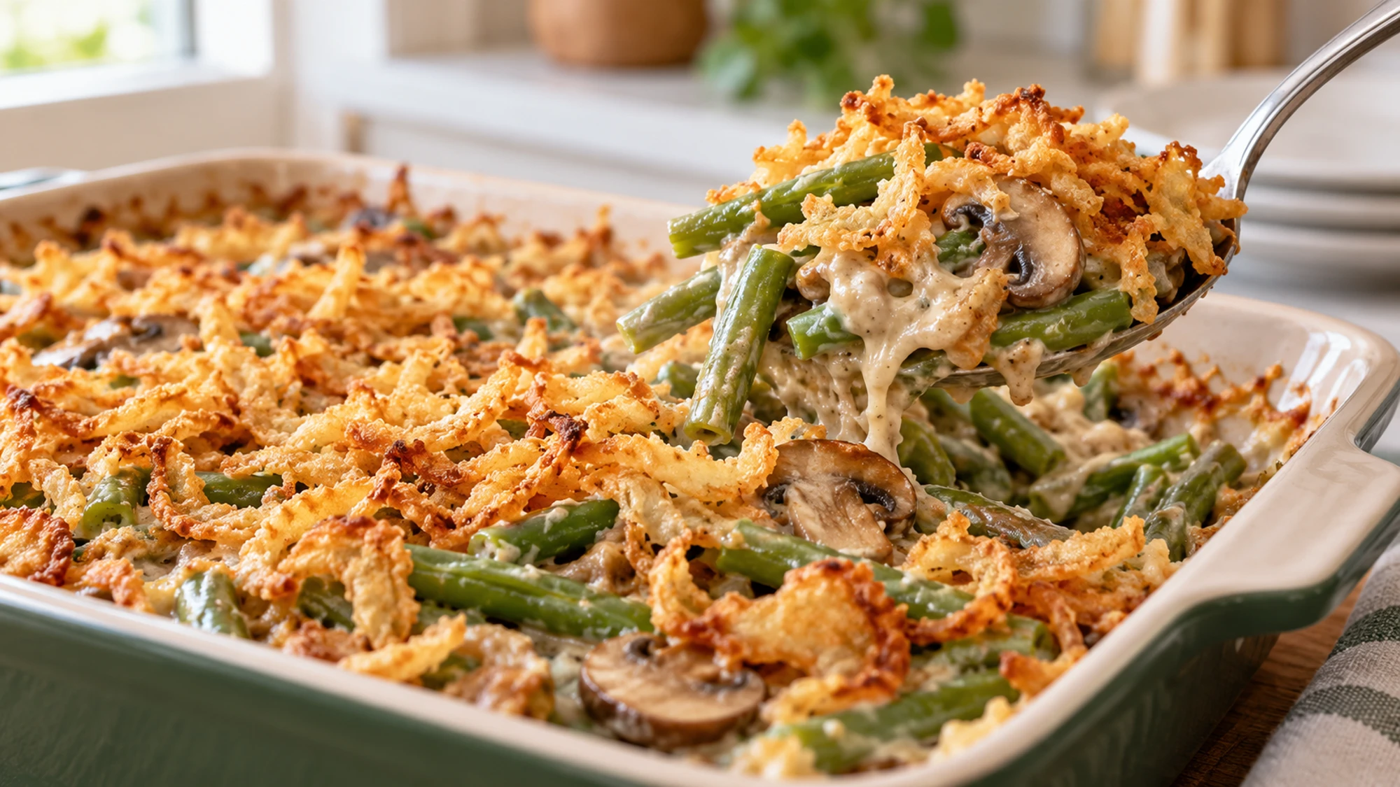Spoon lifting green bean casserole with crispy onions