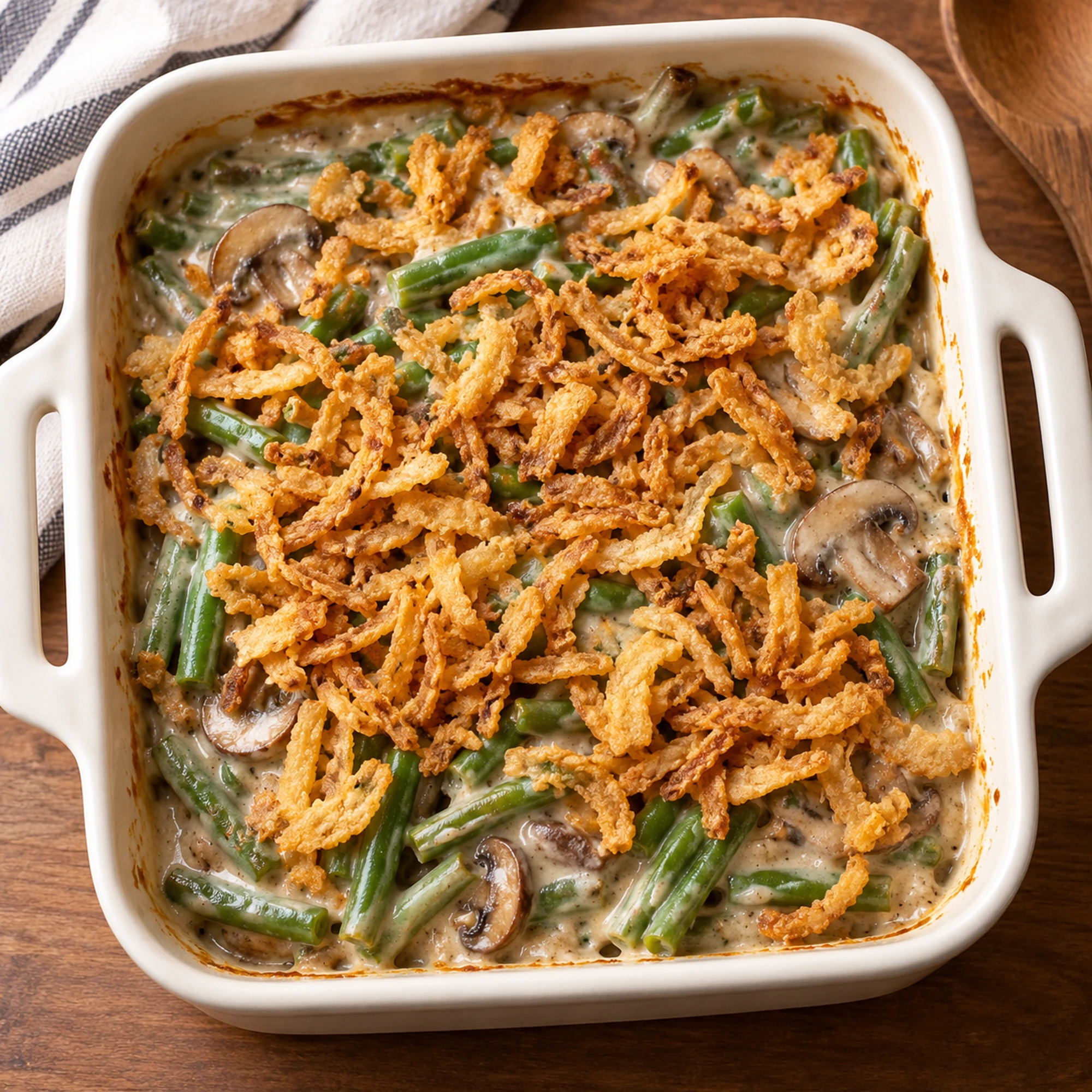 Green bean casserole in an ivory baking dish viewed from above