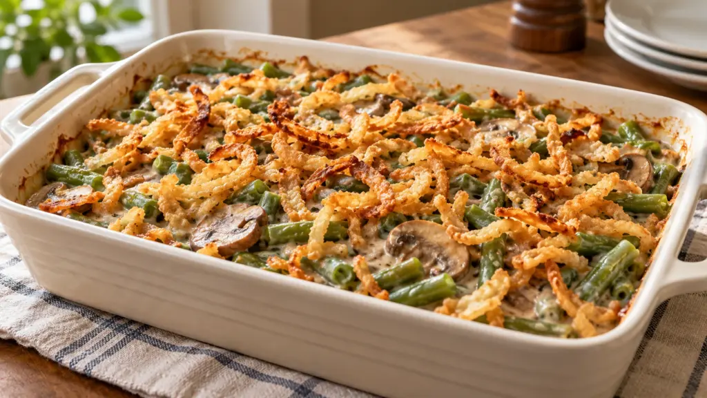 Green bean casserole with mushrooms and a golden crispy onion topping