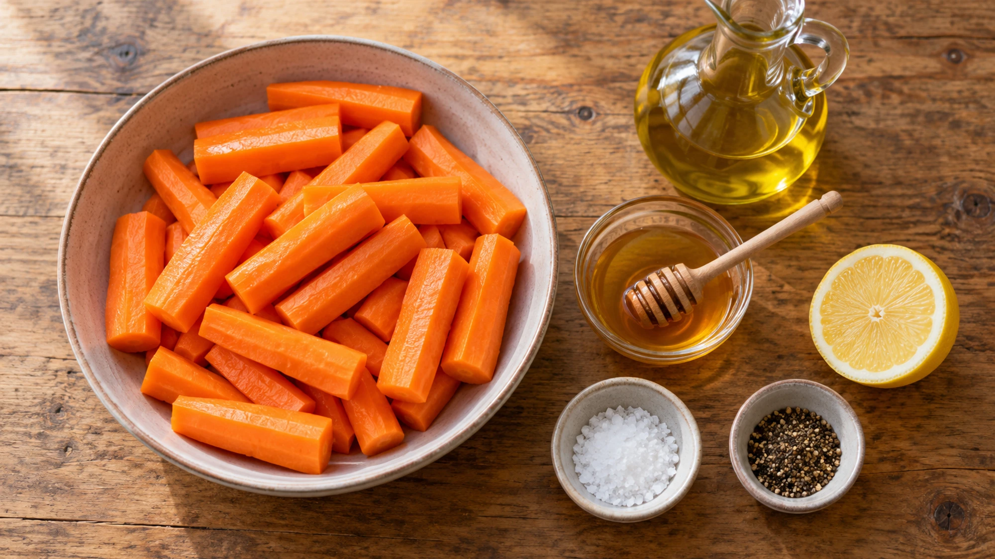 Carrot sticks honey olive oil lemon salt and pepper for honey roasted carrots