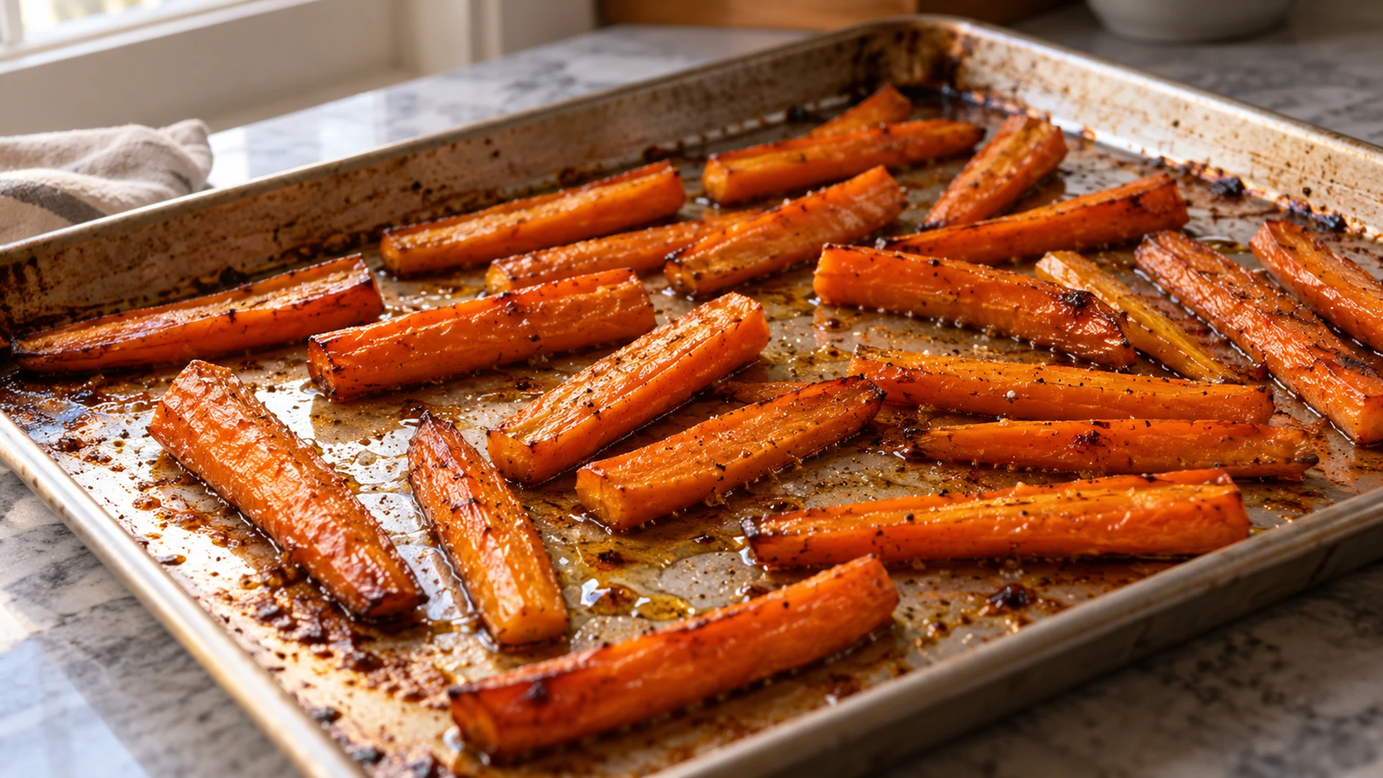Honey roasted carrots spread across a rimmed sheet pan