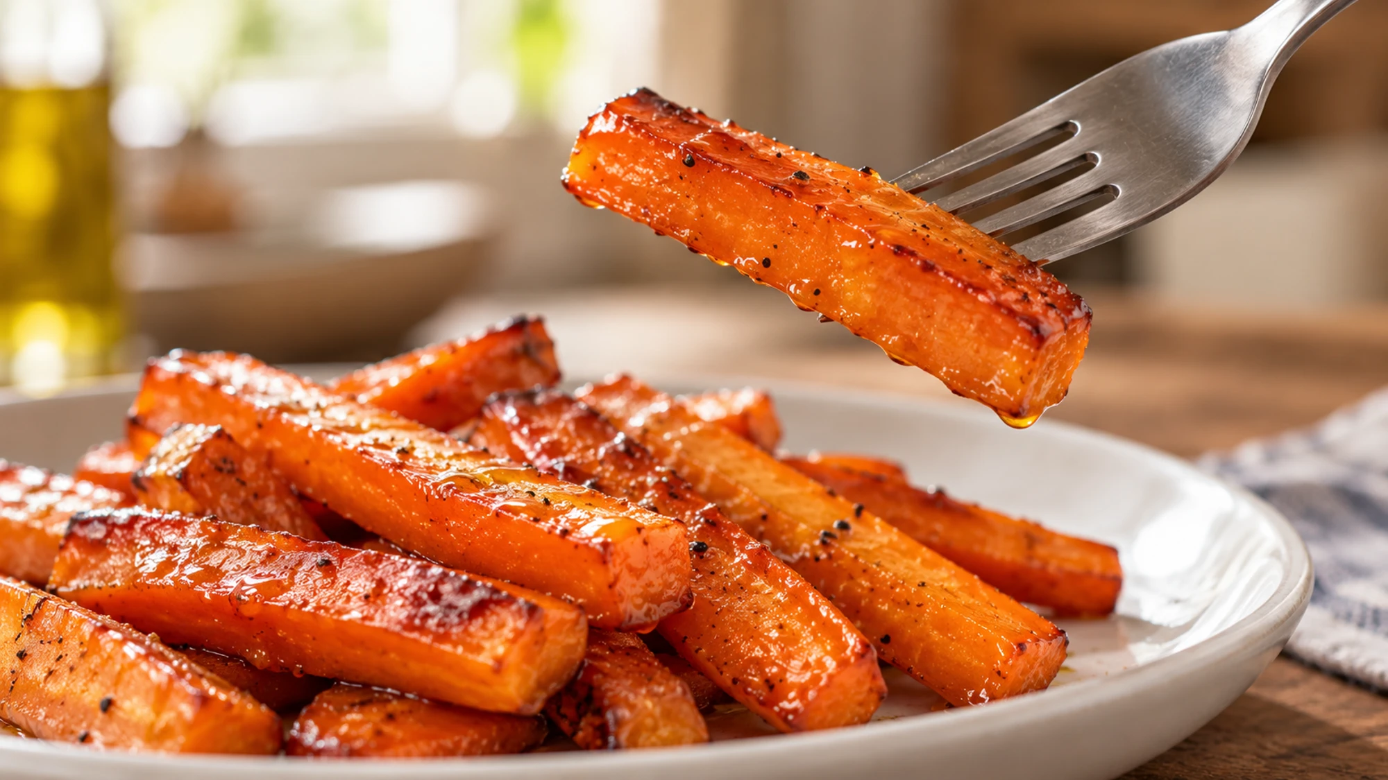 Fork lifting one of the tender honey roasted carrots