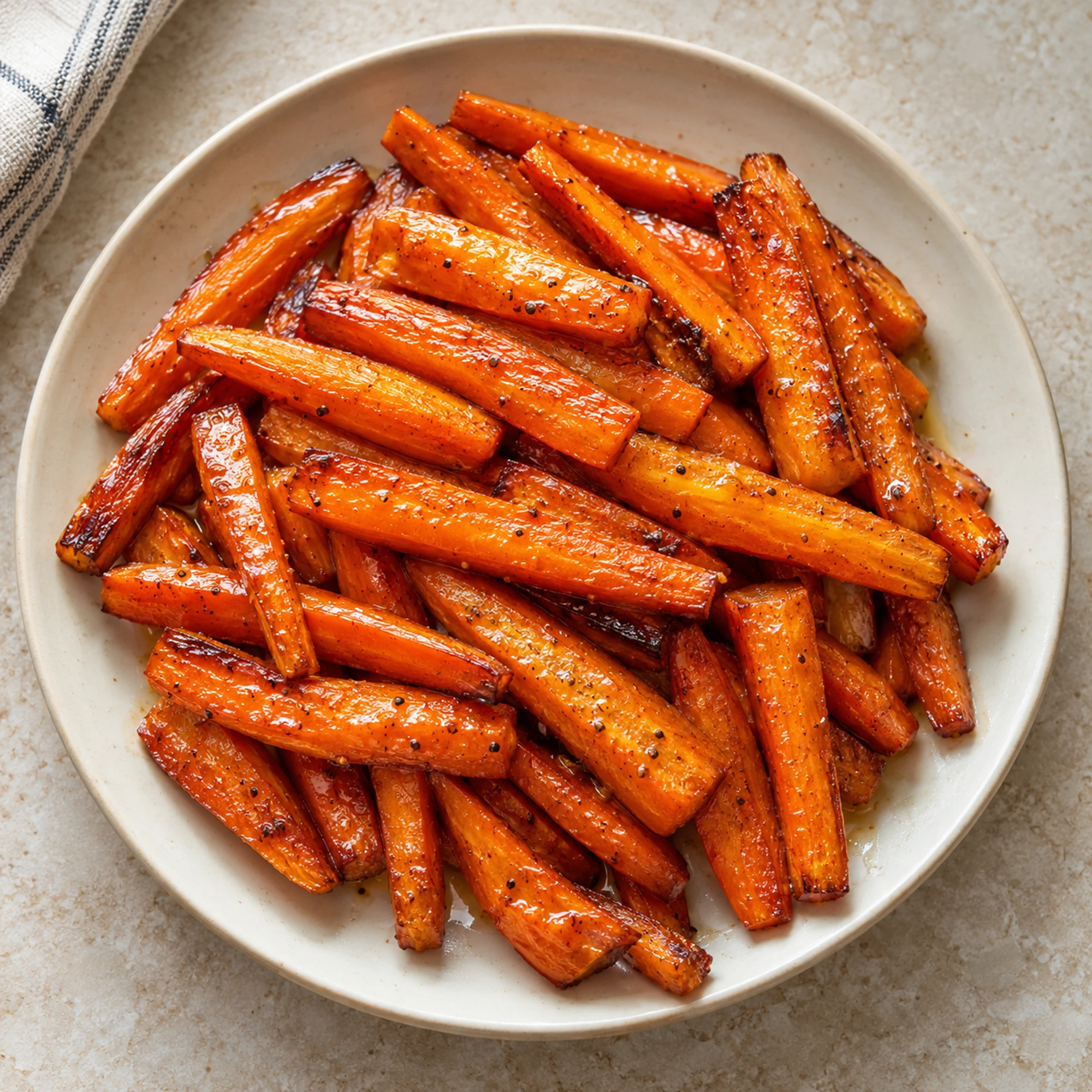 Honey roasted carrots with a glossy light glaze viewed from above