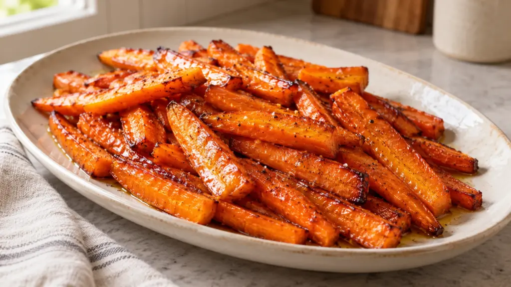 Honey roasted carrots with browned edges on a cream platter