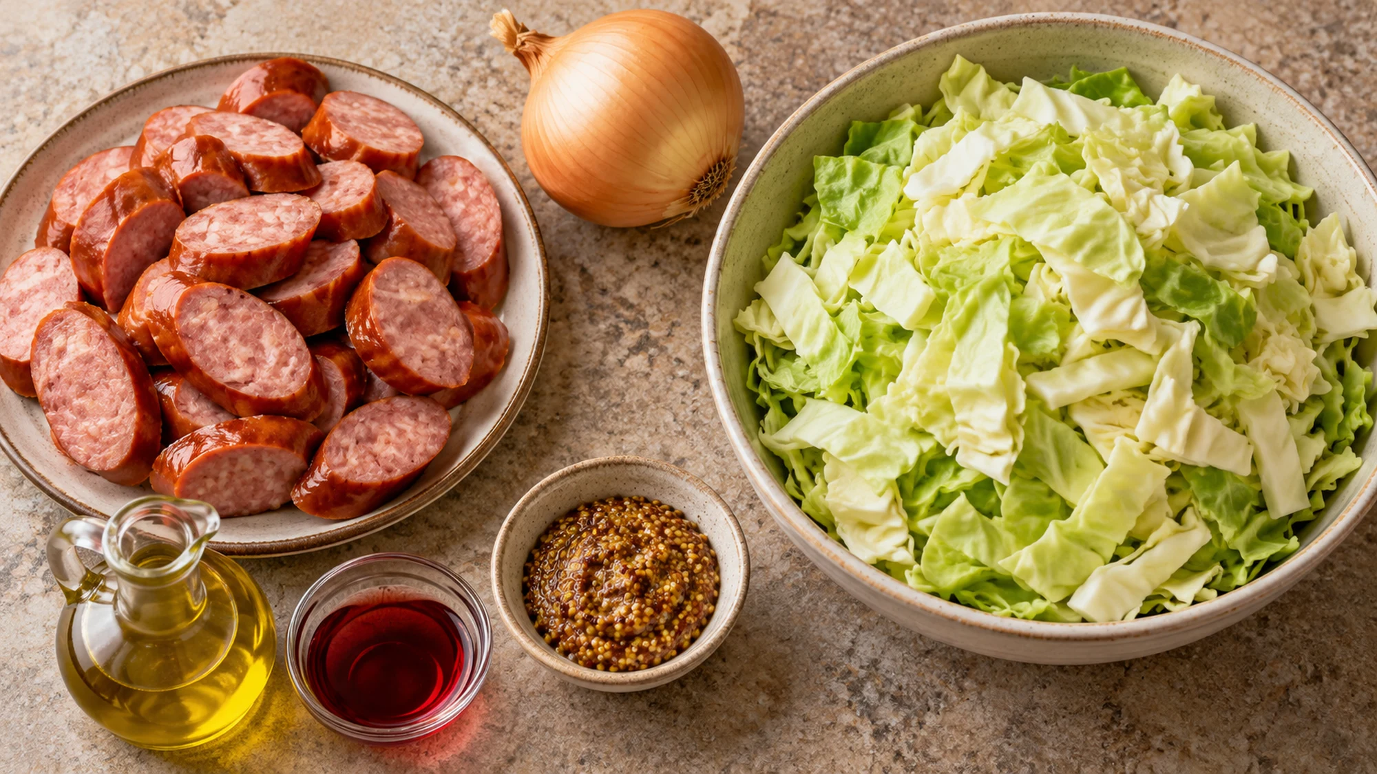 Ingredients for kielbasa and cabbage skillet