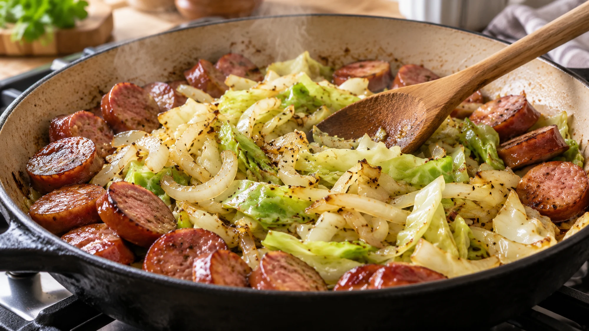 kielbasa and cabbage skillet during cooking