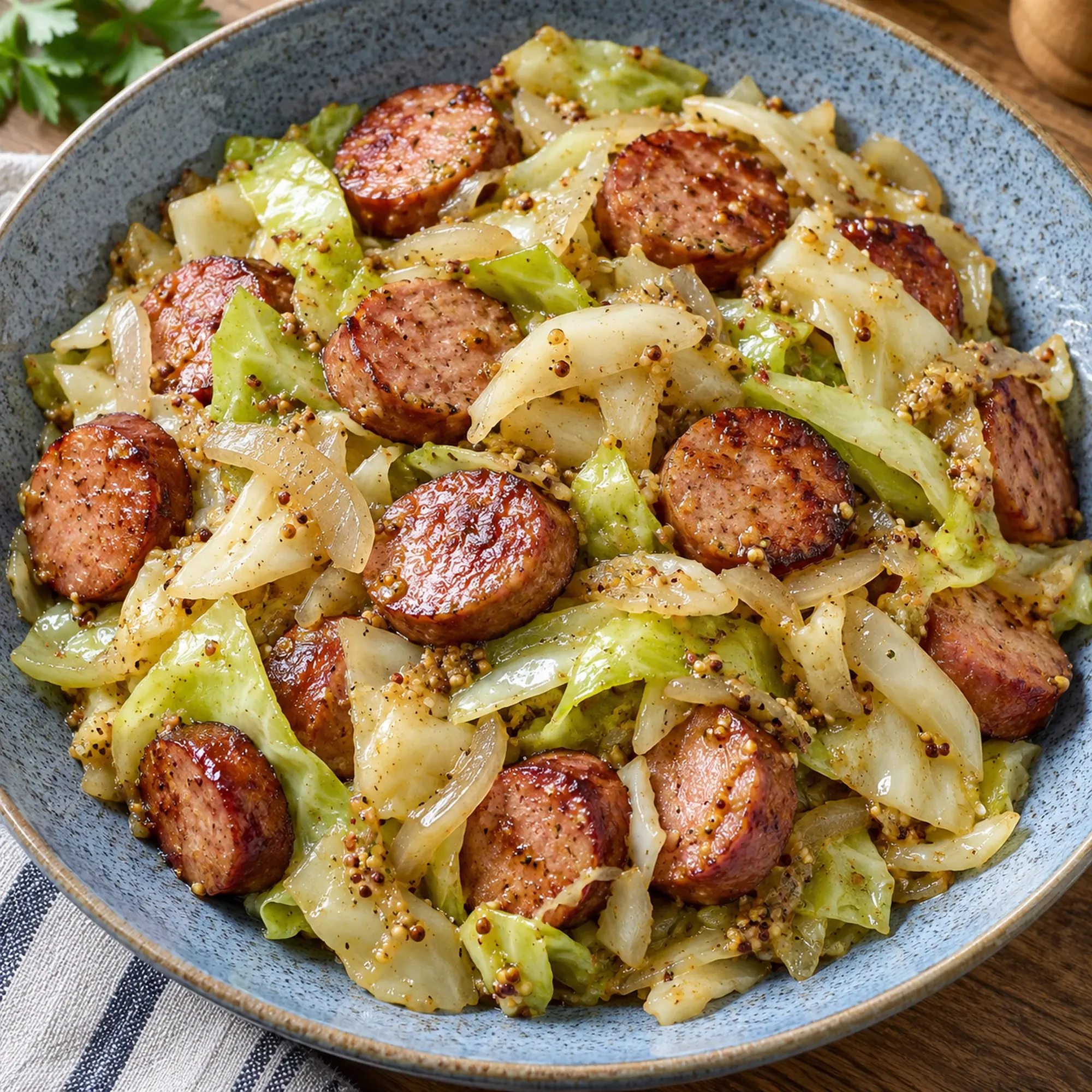 Kielbasa and cabbage skillet with tender cabbage in a blue bowl