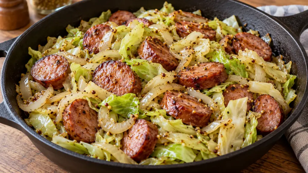 Kielbasa and cabbage skillet with browned sausage rounds