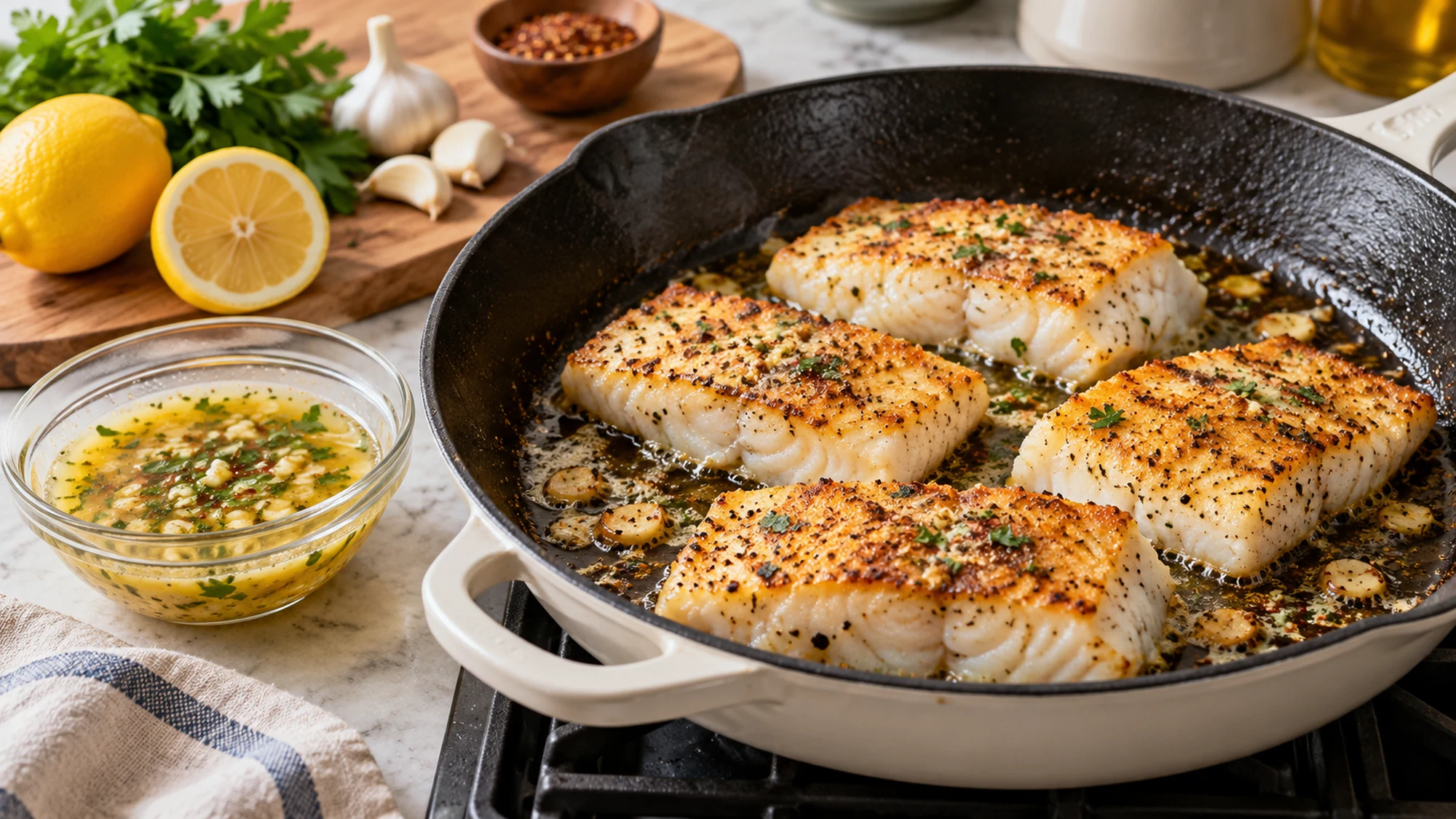 lemon garlic baked cod during cooking