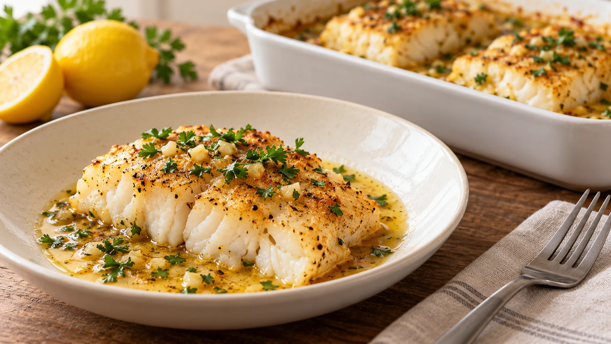 Lemon garlic baked cod served with its golden crust intact