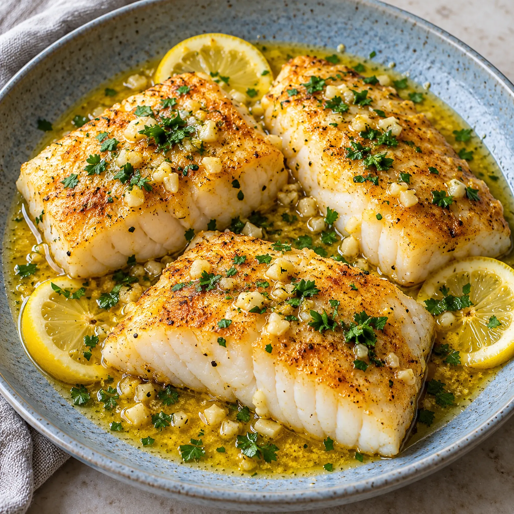 Lemon garlic baked cod with lemon slices on a blue plate