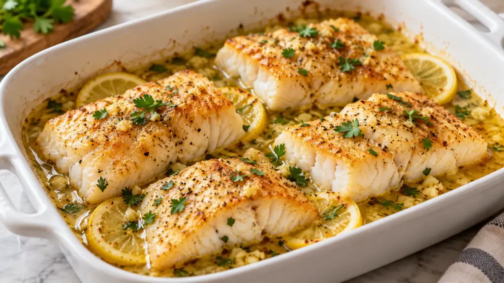 Lemon garlic baked cod with a golden crumb topping in a baking dish