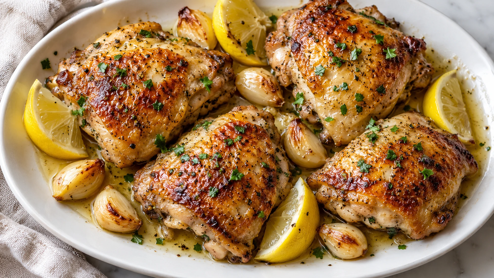 Lemon garlic chicken thighs on a serving platter with roasted garlic