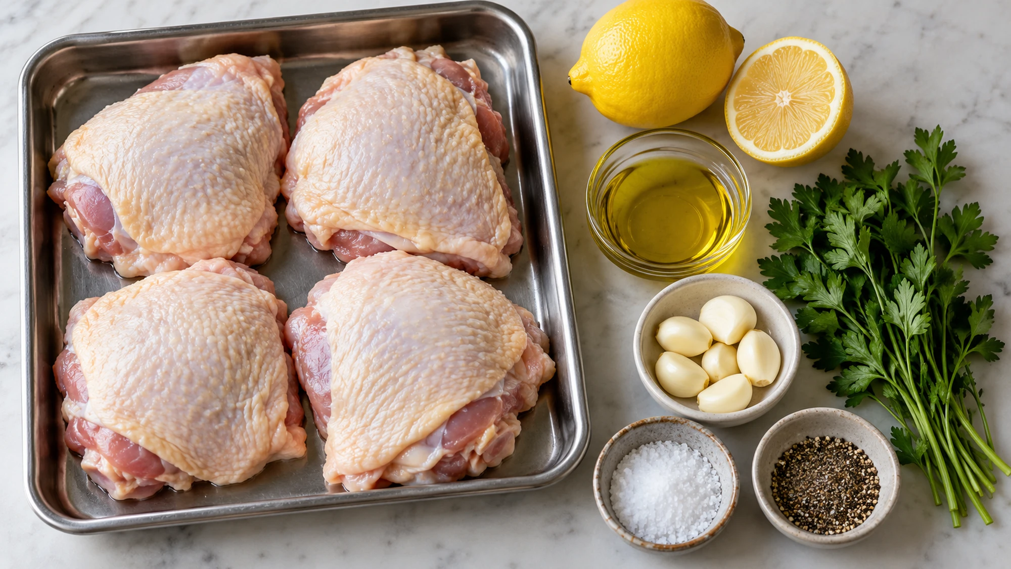 Ingredients for lemon garlic chicken thighs arranged beside raw chicken on a tray