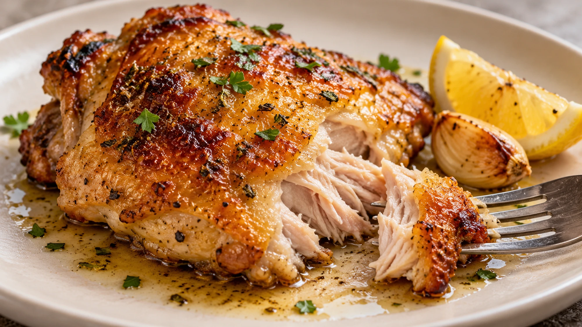 Lemon garlic chicken thighs with one cut open to show tender meat beneath crisp skin