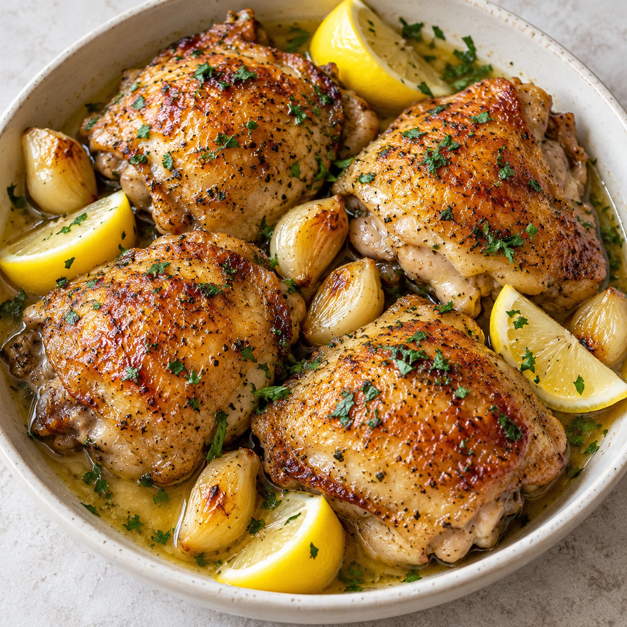 Four lemon garlic chicken thighs with parsley and lemon wedges
