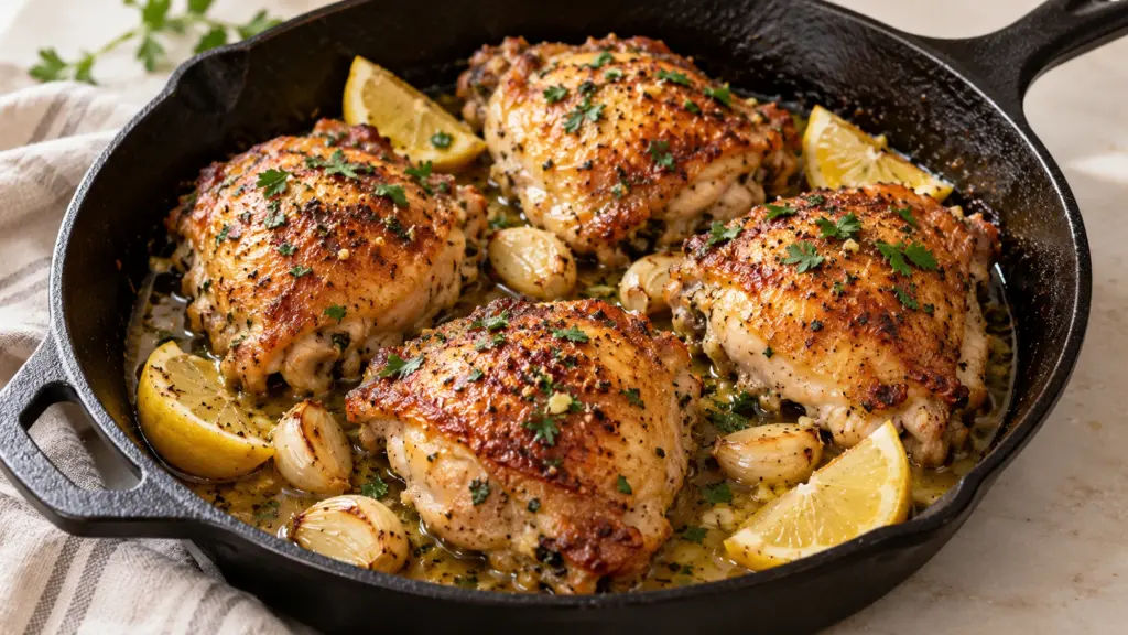 Lemon garlic chicken thighs with golden skin in a skillet