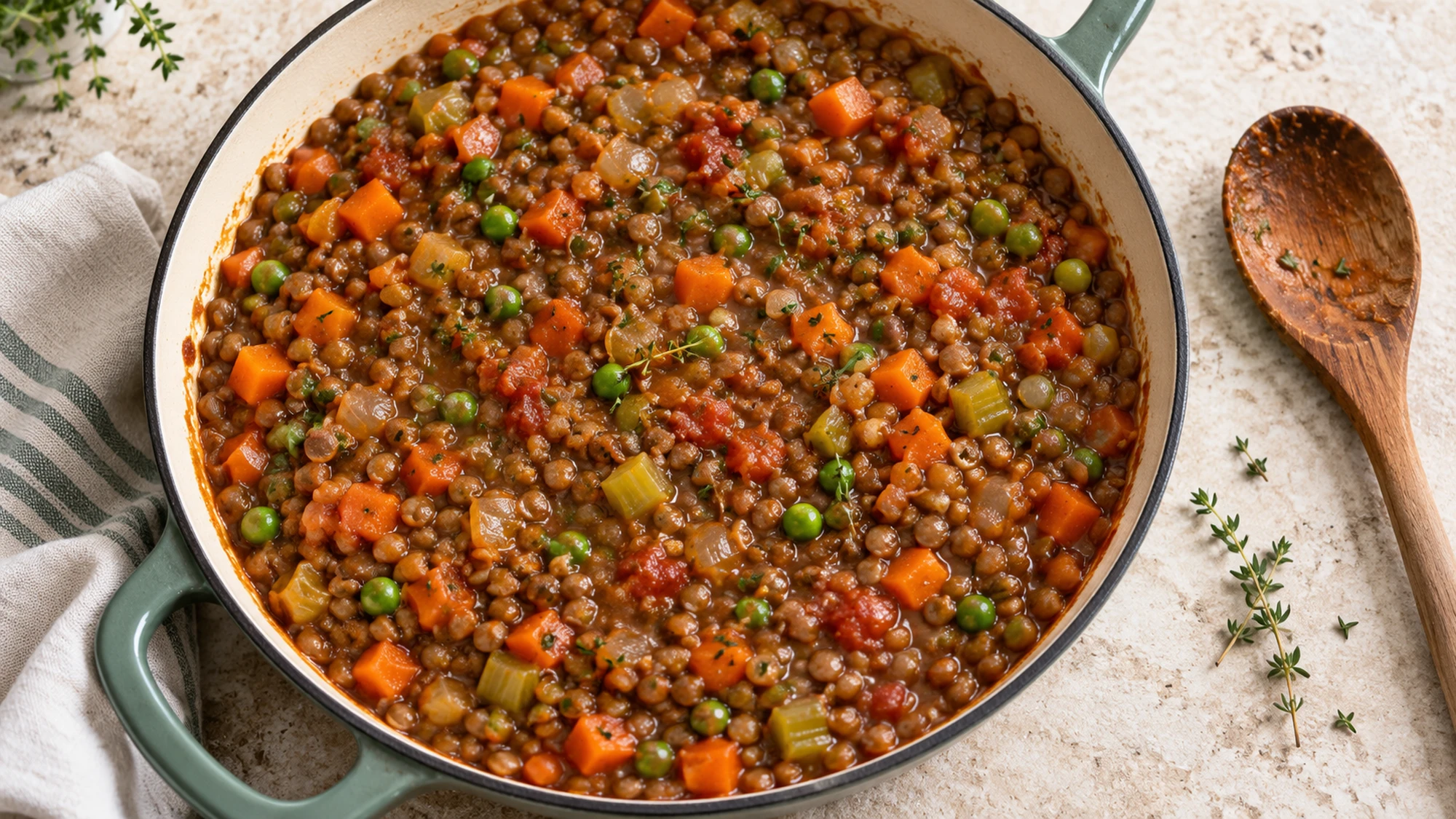 Thick lentil shepherds pie filling with carrots, celery, and peas in a skillet