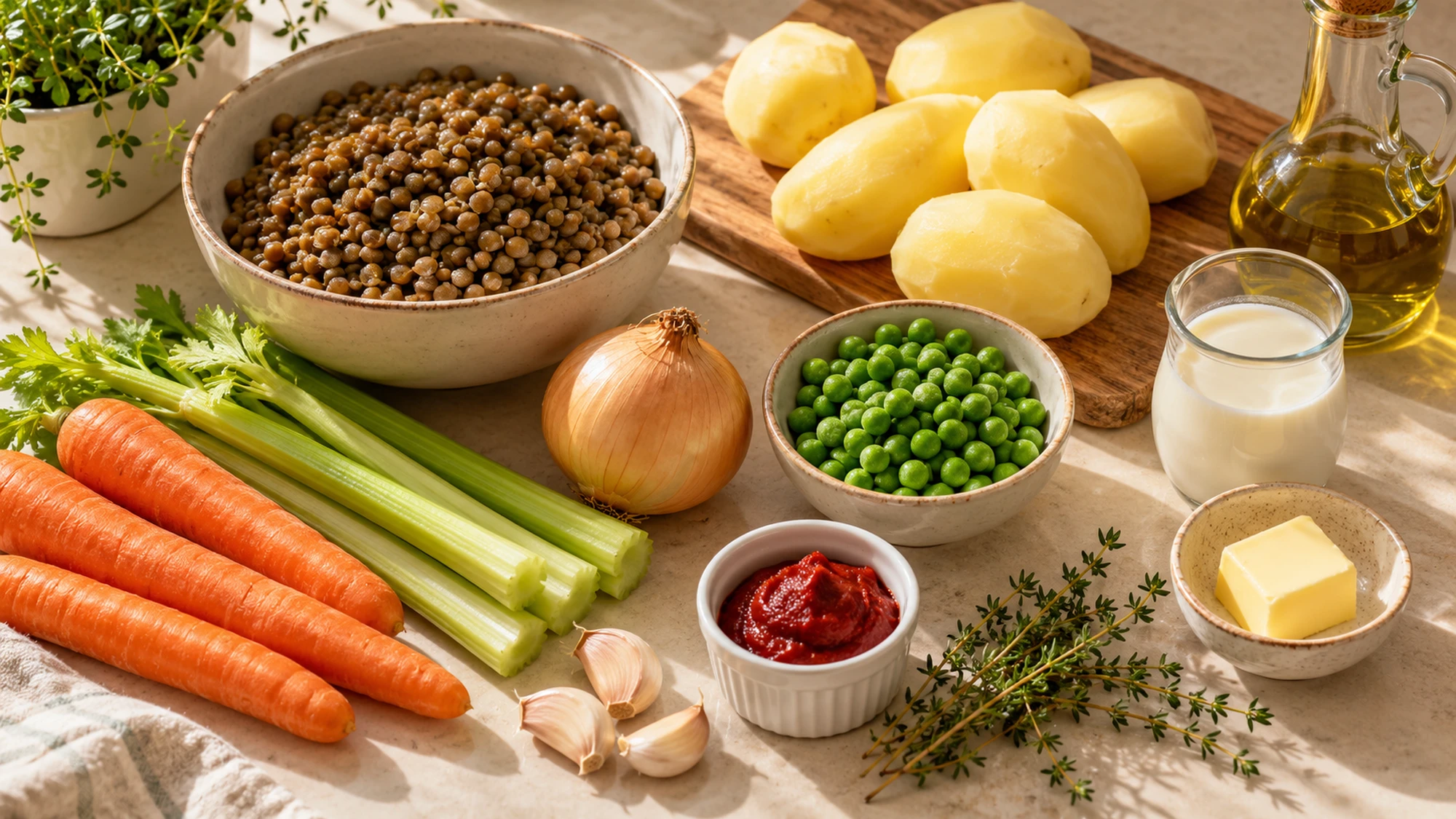 Lentil shepherds pie ingredients including cooked lentils, potatoes, vegetables, milk, and butter