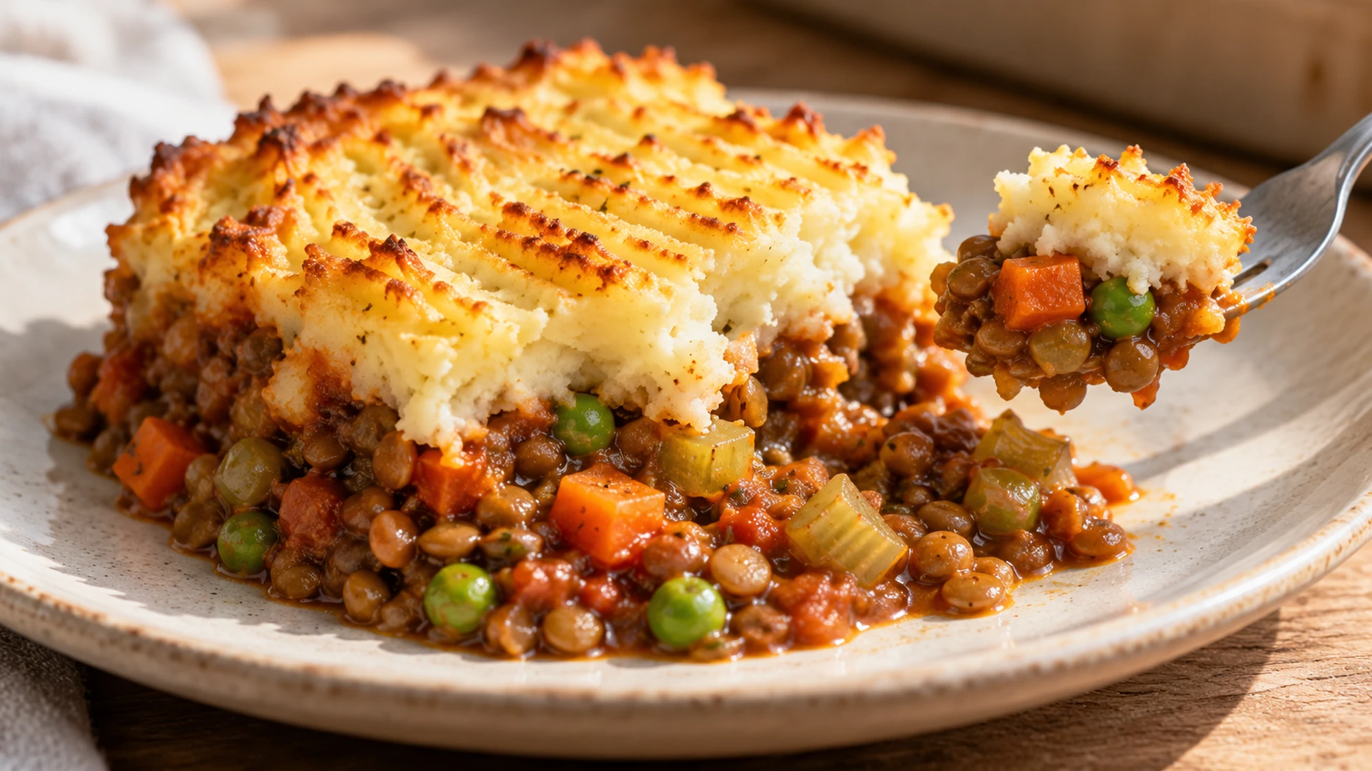 A fork lifting lentil shepherds pie with mashed potato and vegetable filling