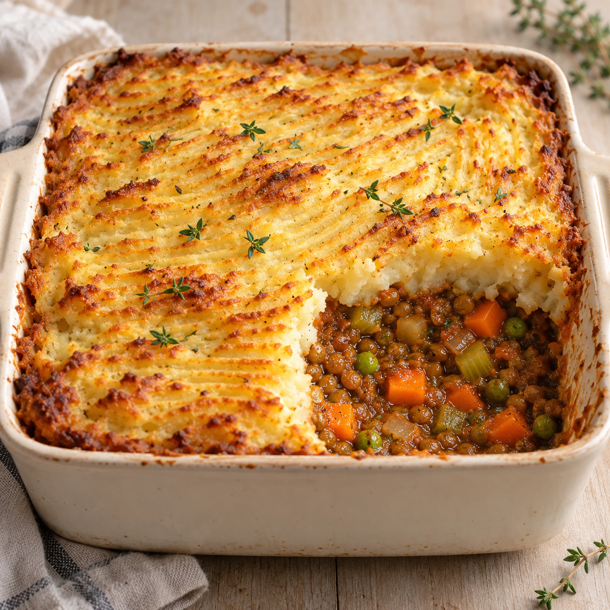 Square view of lentil shepherds pie in a cream baking dish