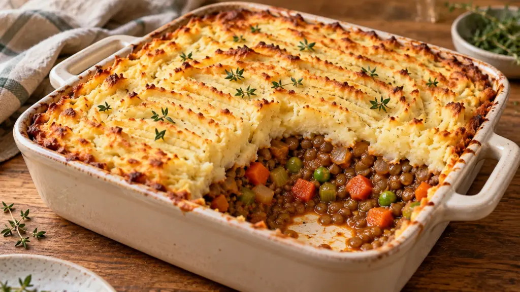 Lentil shepherds pie with golden mashed potato ridges and a corner serving removed