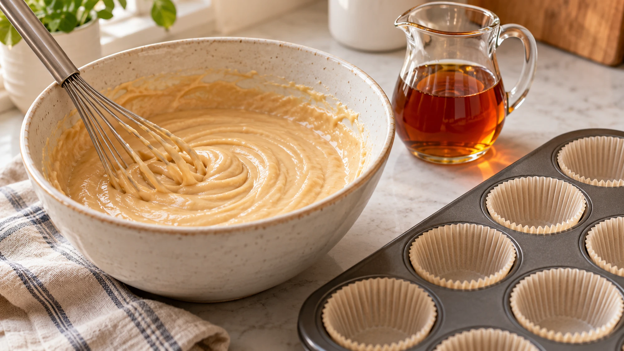 Batter for maple cupcakes beside pure maple syrup and paper liners