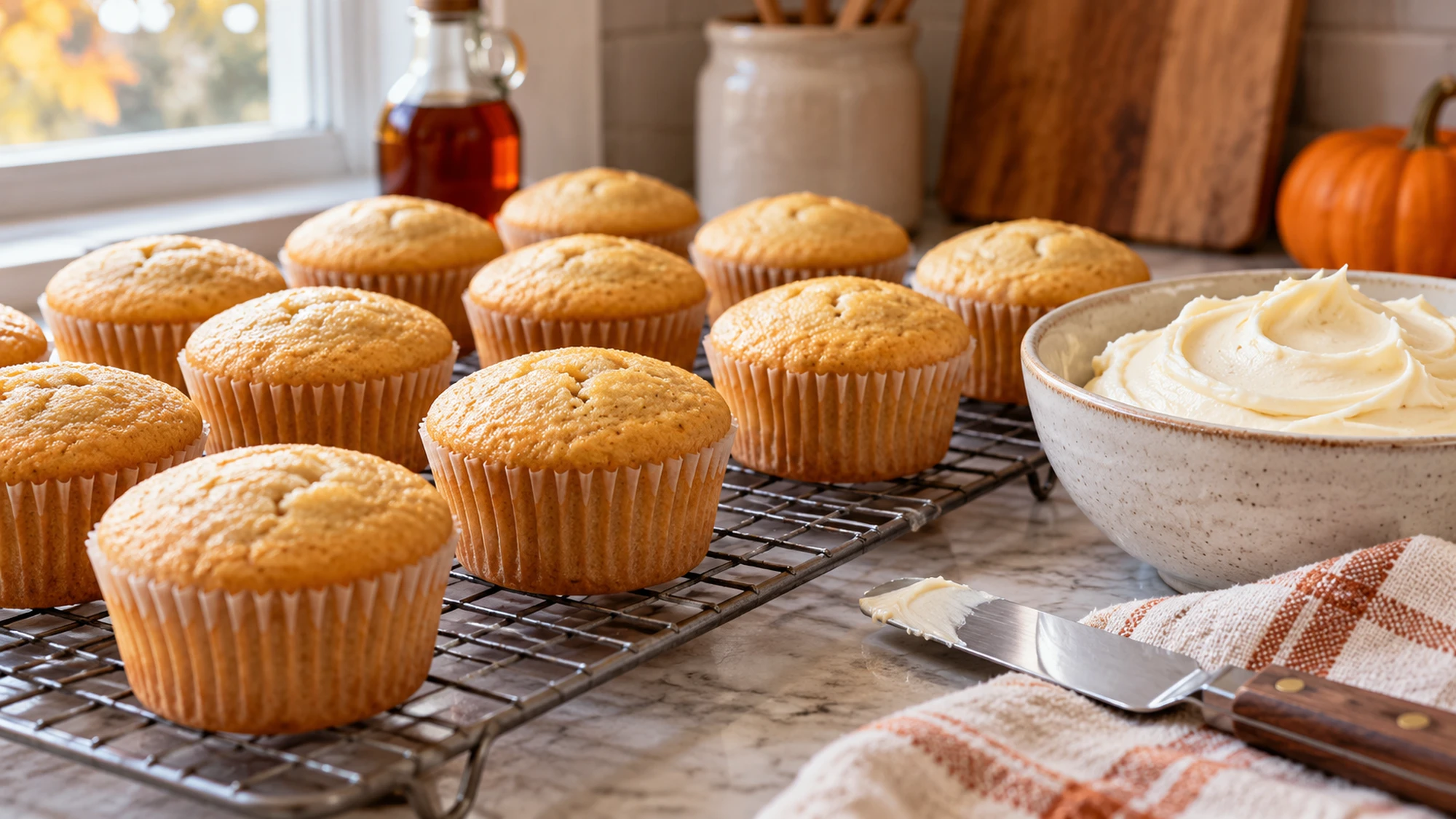 Maple cupcakes cooling beside cream cheese frosting