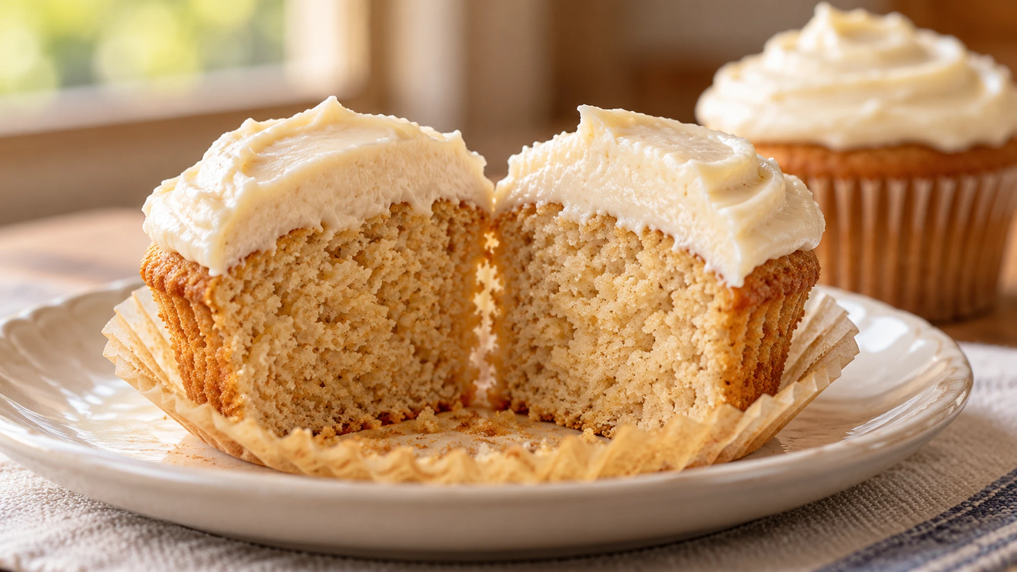 One of the maple cupcakes cut open to show tender golden crumb