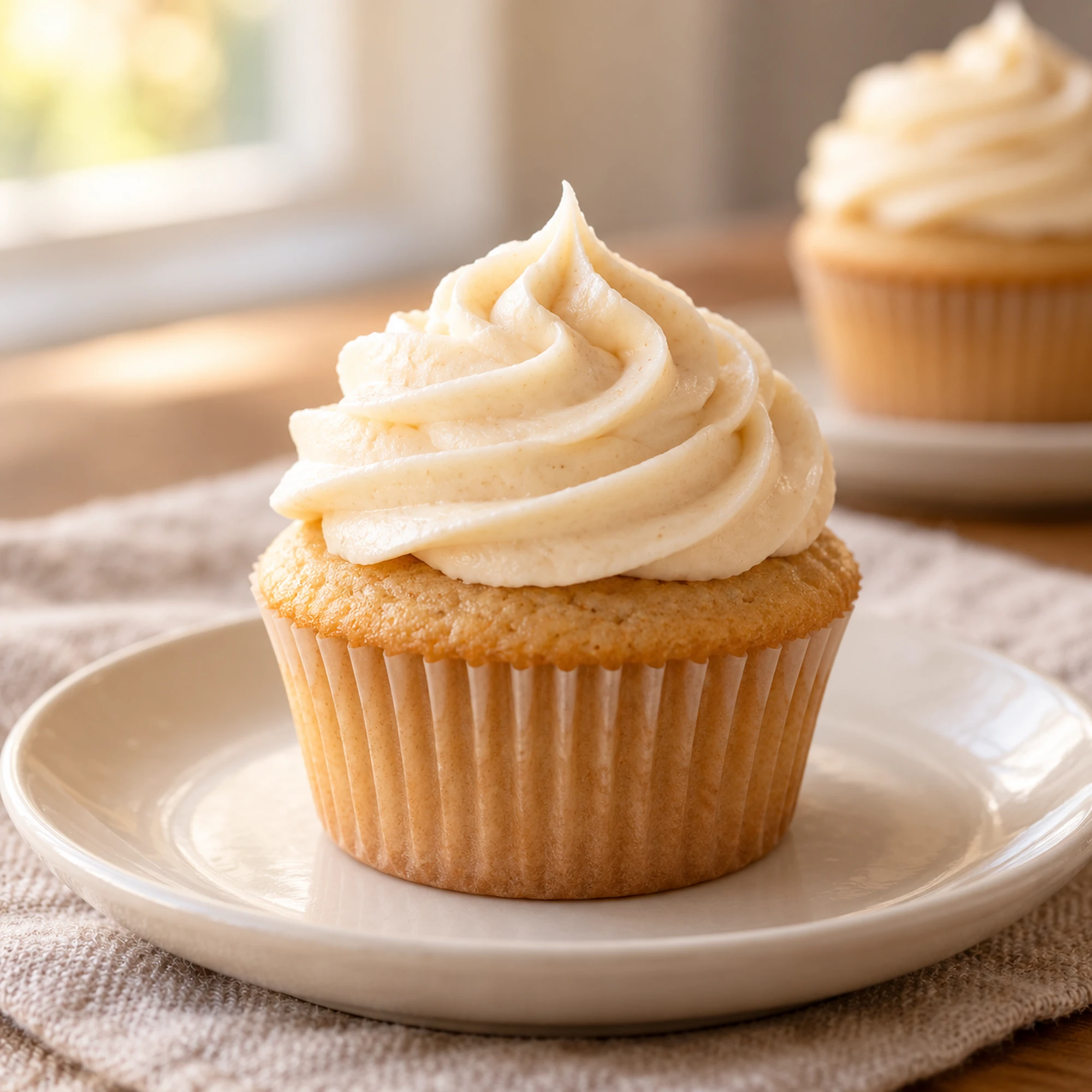 Maple cupcakes shown with a pale cream cheese frosting swirl