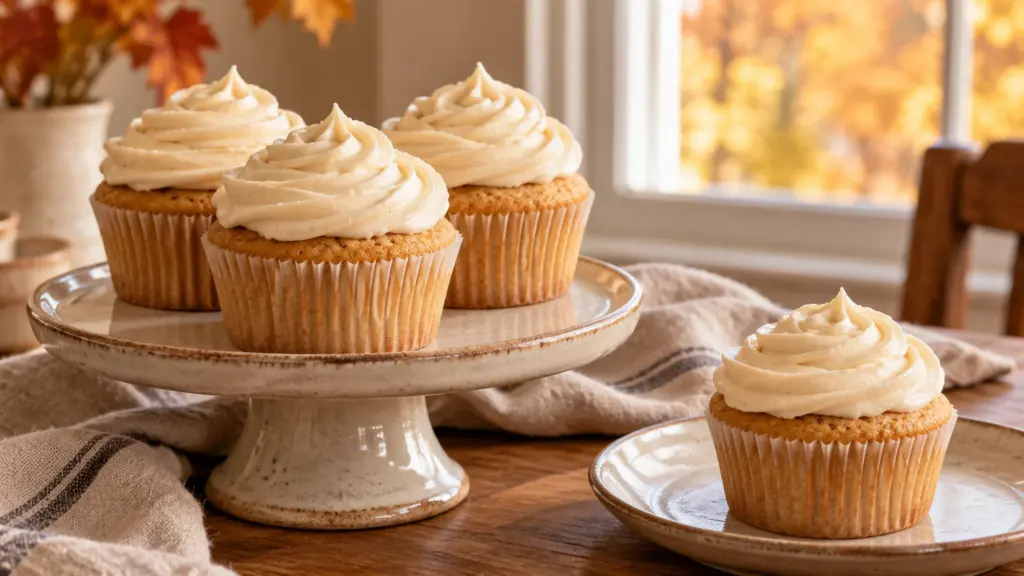Maple cupcakes with cream cheese frosting on a cake stand
