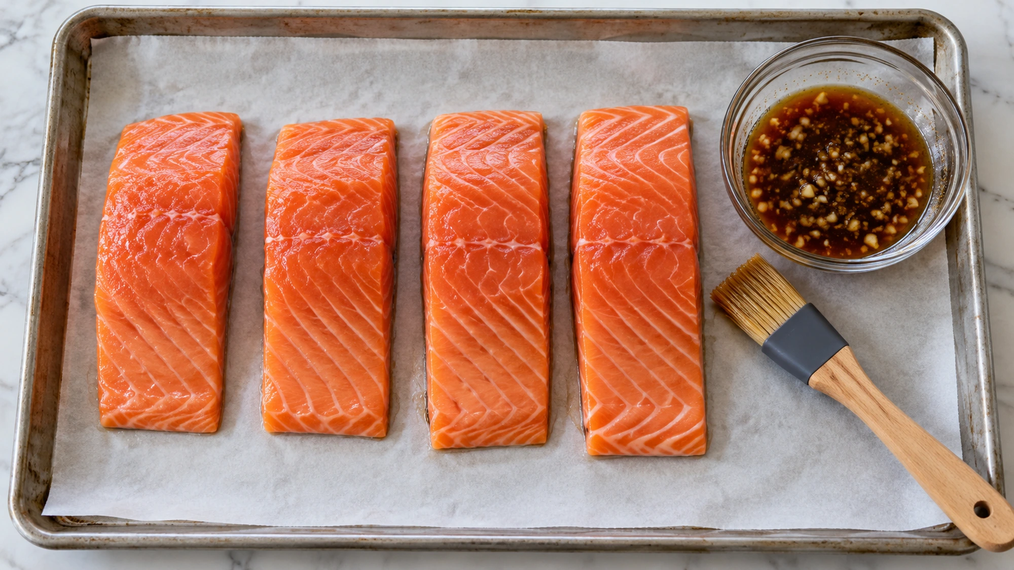 Raw portions and maple soy glaze prepared for maple glazed salmon