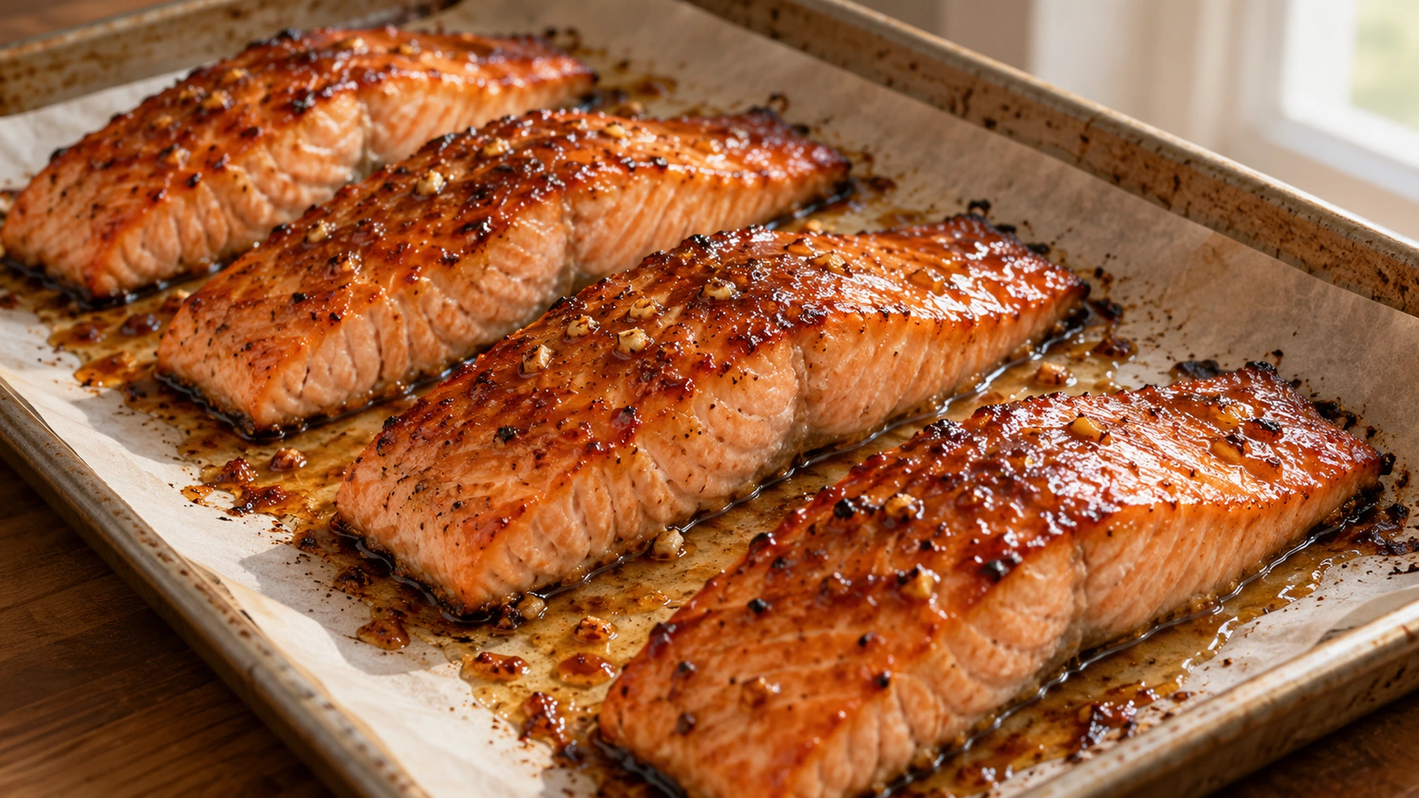 Maple glazed salmon baked on a parchment-lined sheet