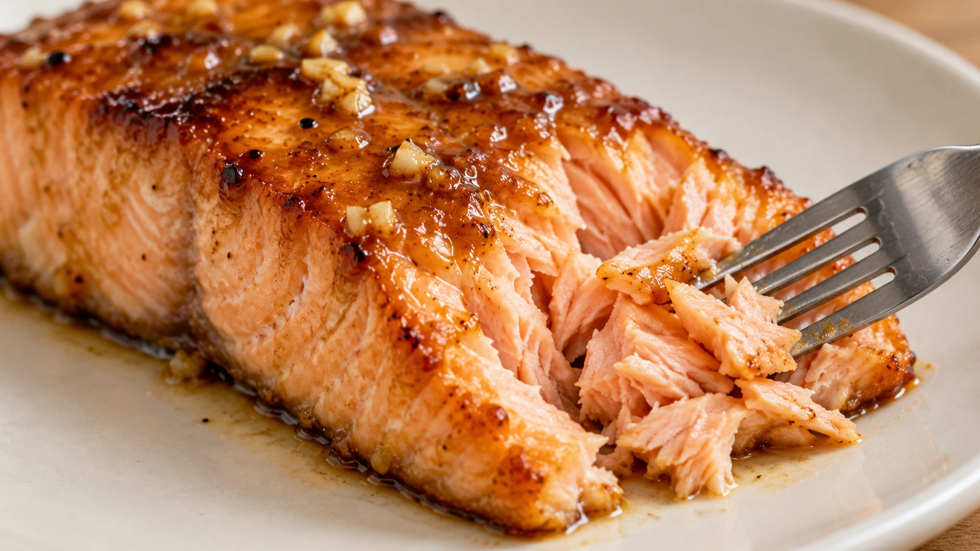 Tender flakes separating from maple glazed salmon with a fork