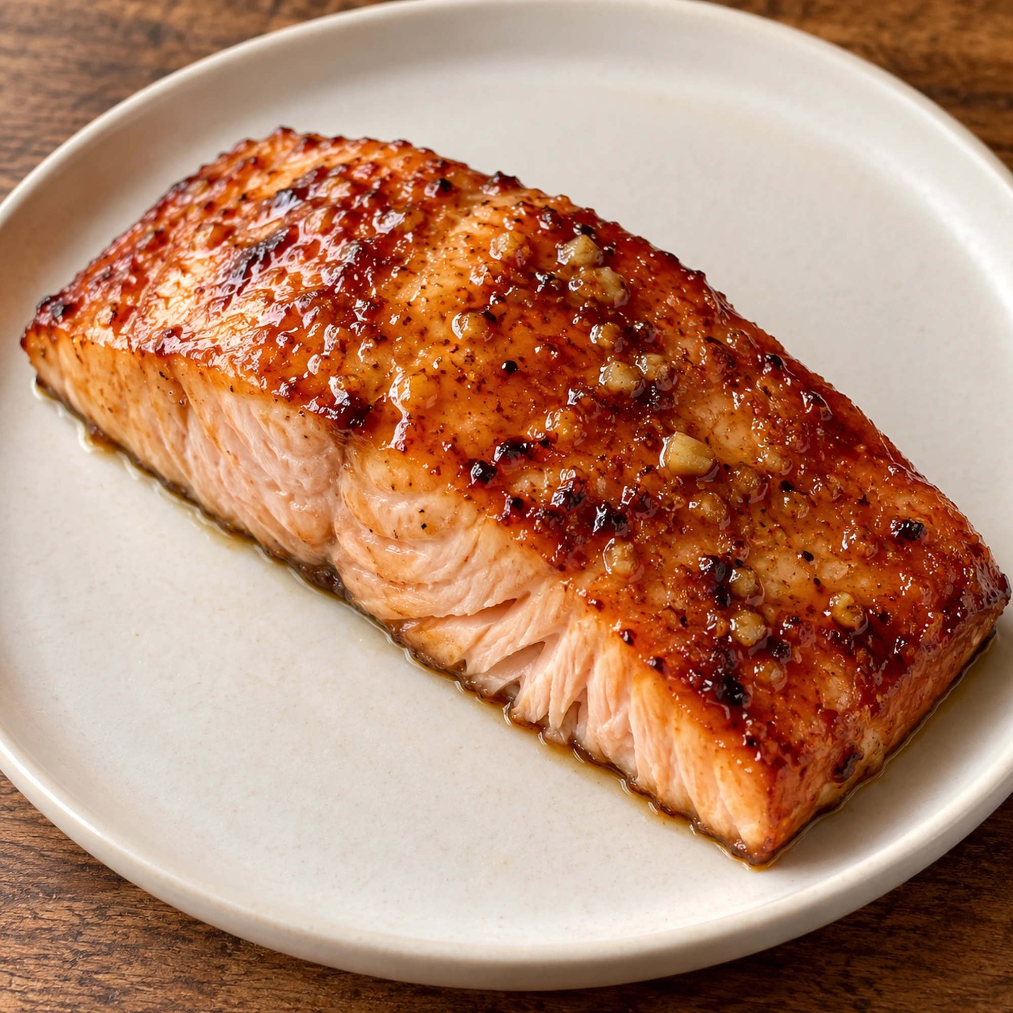 Single maple glazed salmon fillet on a cream plate