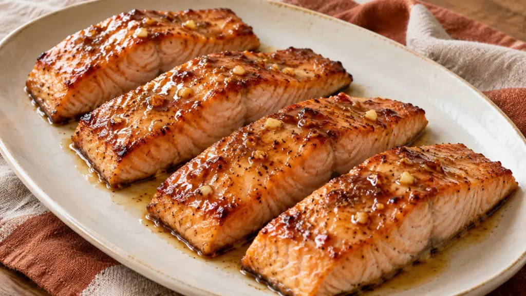 Maple glazed salmon fillets with glossy garlic glaze on a platter