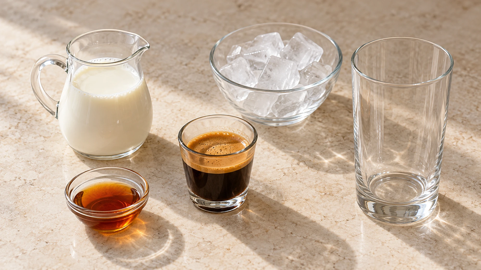 Maple iced latte ingredients with milk, espresso, maple syrup, and ice