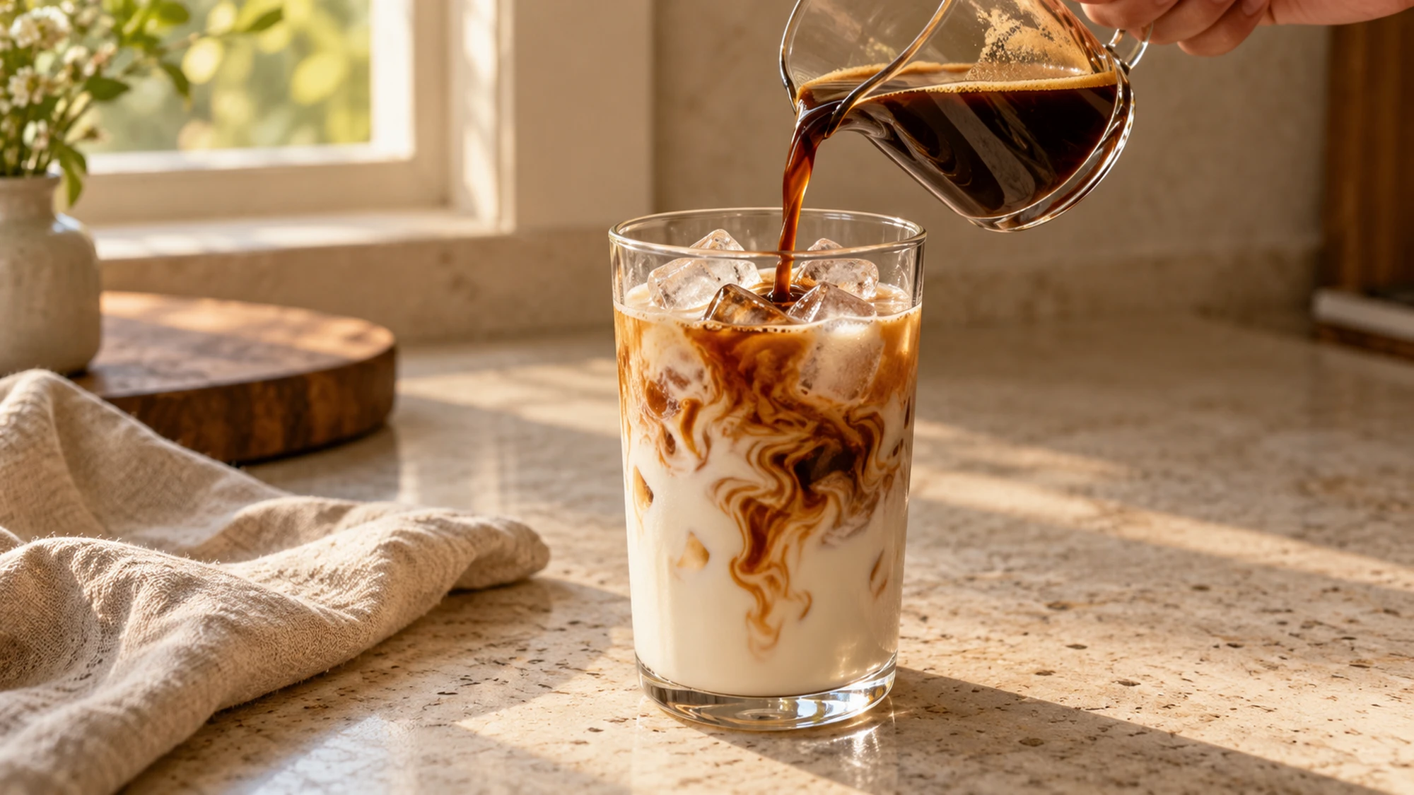 Maple iced latte forming as espresso pours over cold milk and ice