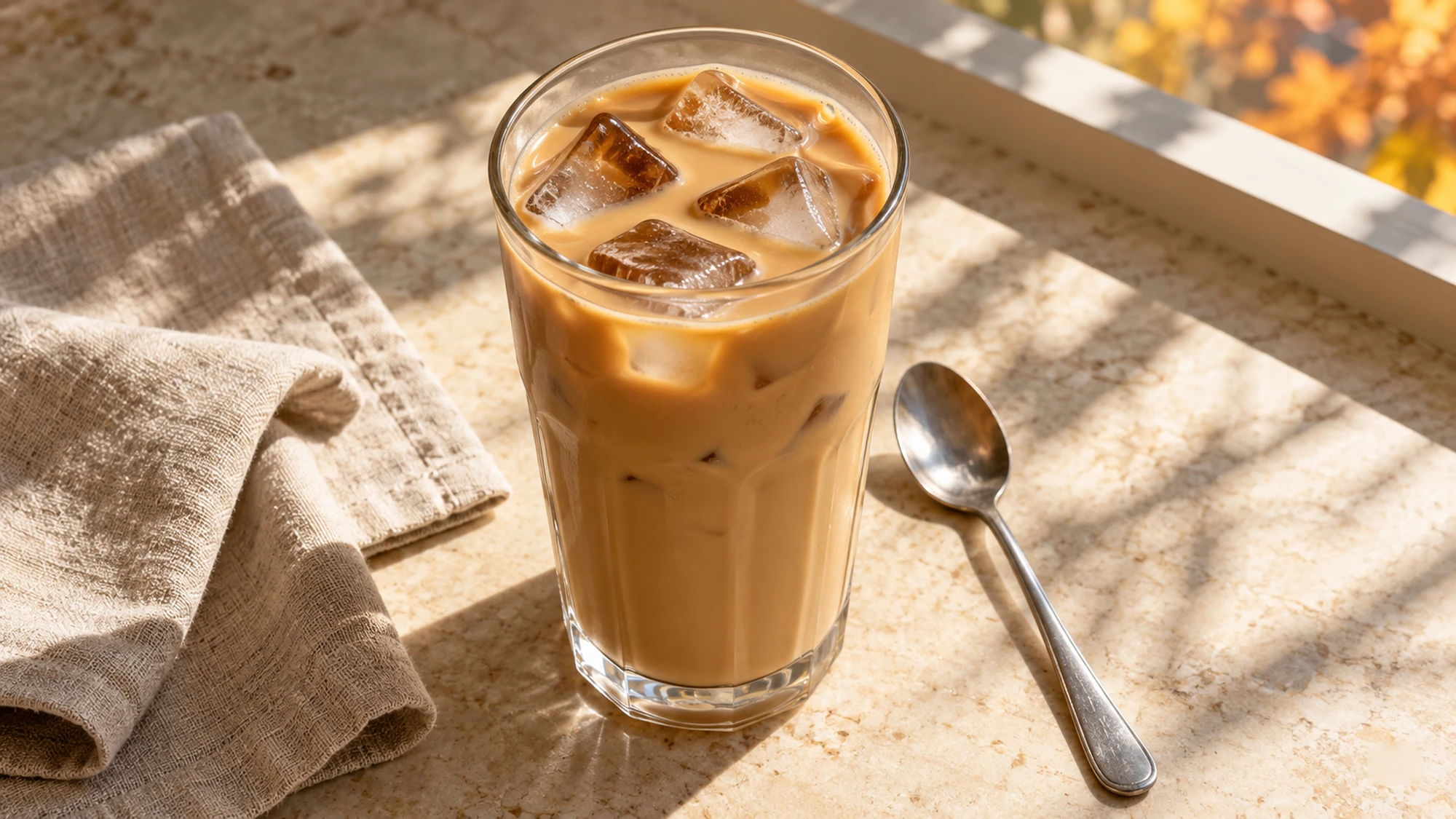 Maple iced latte stirred to an even caramel color