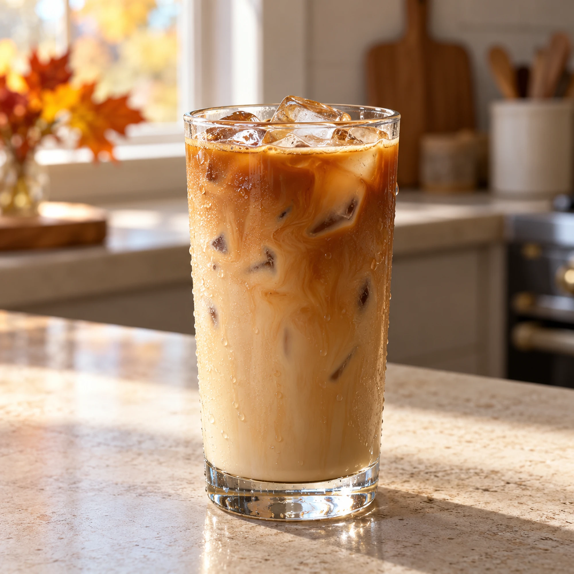 A tall glass of maple iced latte with ice and gentle coffee swirls