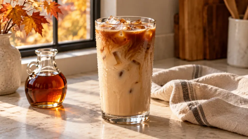 Maple iced latte in a tall glass with coffee swirls and ice