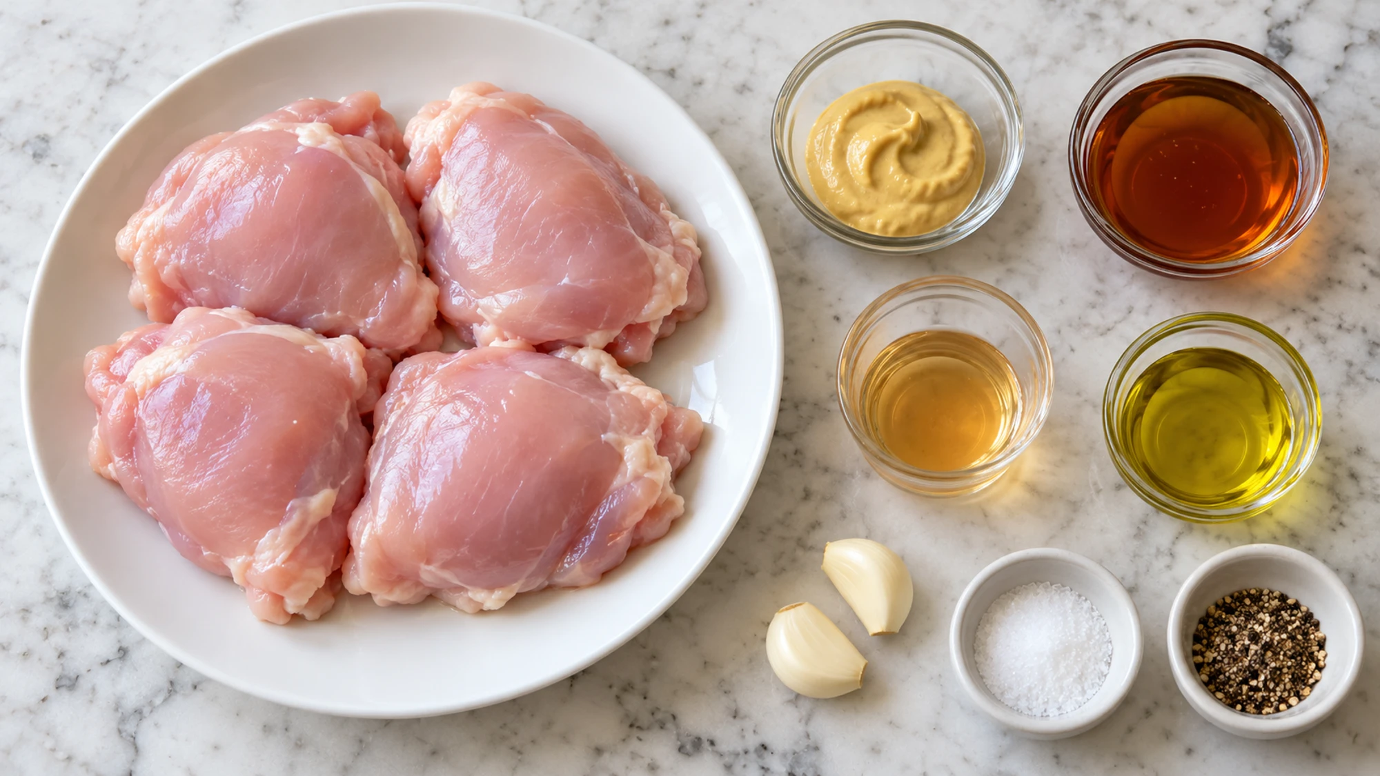 Chicken thighs and sauce ingredients for maple mustard chicken